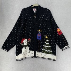 VINTAGE Quacker Factory Christmas Cat Sweater Womens Size 1X‎ Zip Up Kitty Tree